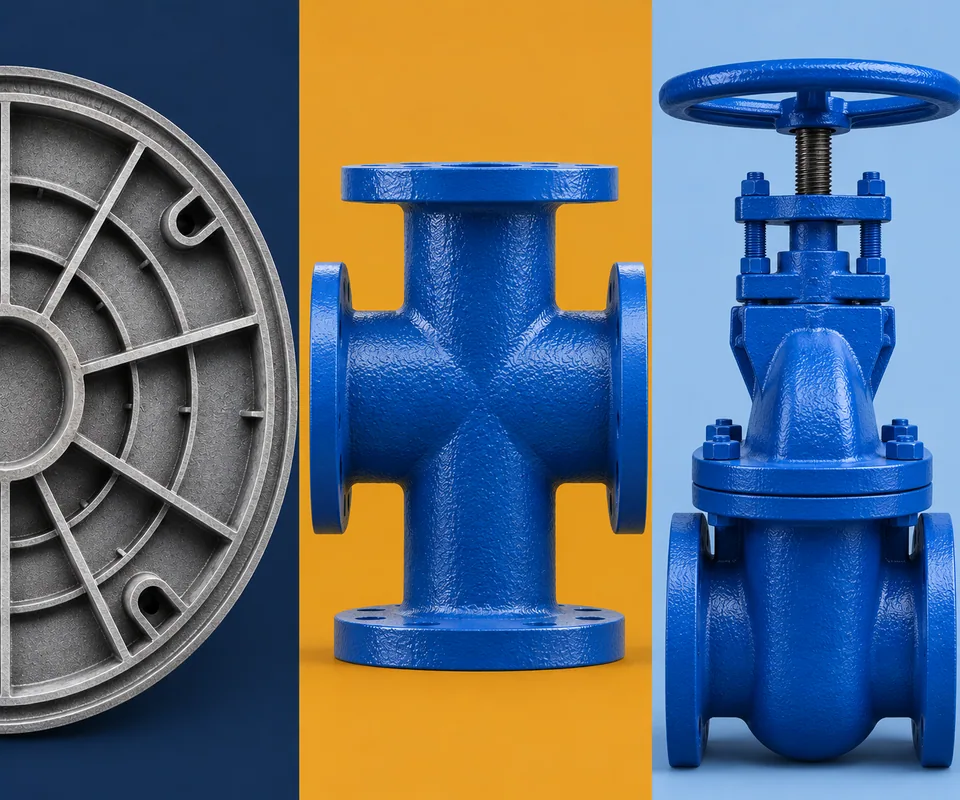 Artistic triptych of an access cover, a flanged pipe fitting and a water valve